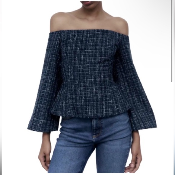 NWT Zara black and blue tweed off the shoulder top size XS - Picture 3 of 9